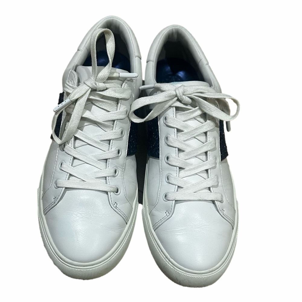 Tory Burch Carter White Leather Sneakers Blue Glitter Stripe Size 9 Women